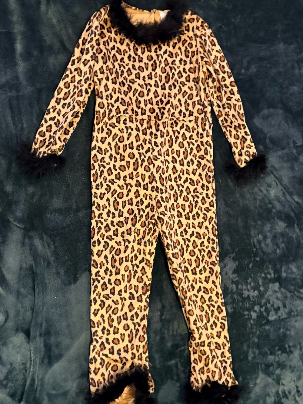 Kids Girls Leopard Print One-Piece Jumpsuit Costume with Faux Fur Trim - size M